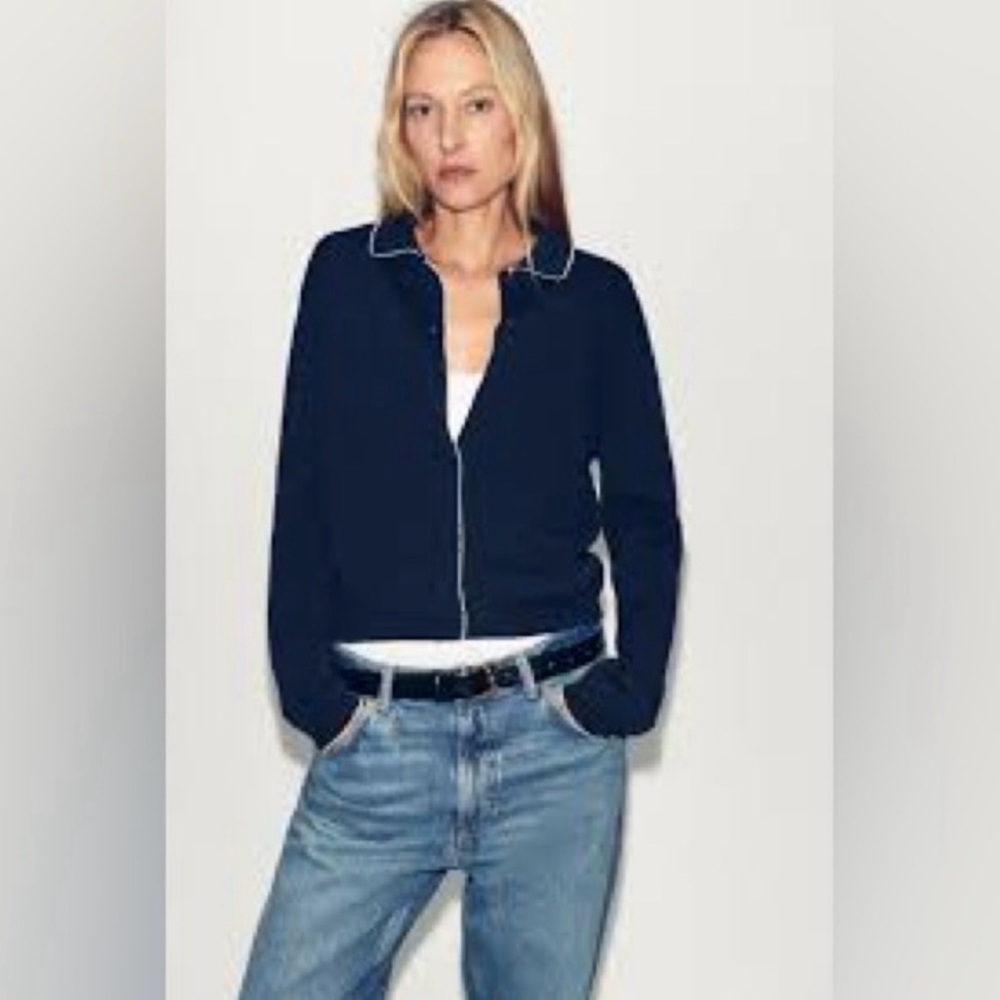 Zara Navy cardigan Peter Pan collar with contrast blanket-stitch embroidery